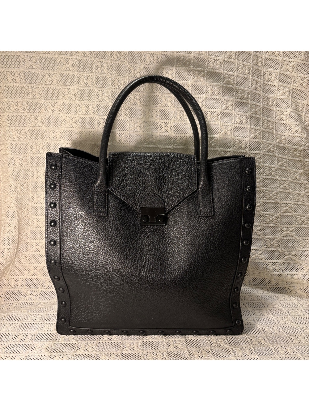 Loeffler Randall Black Studded Pebbled Leather Tote w/ Padded Tablet Pocket